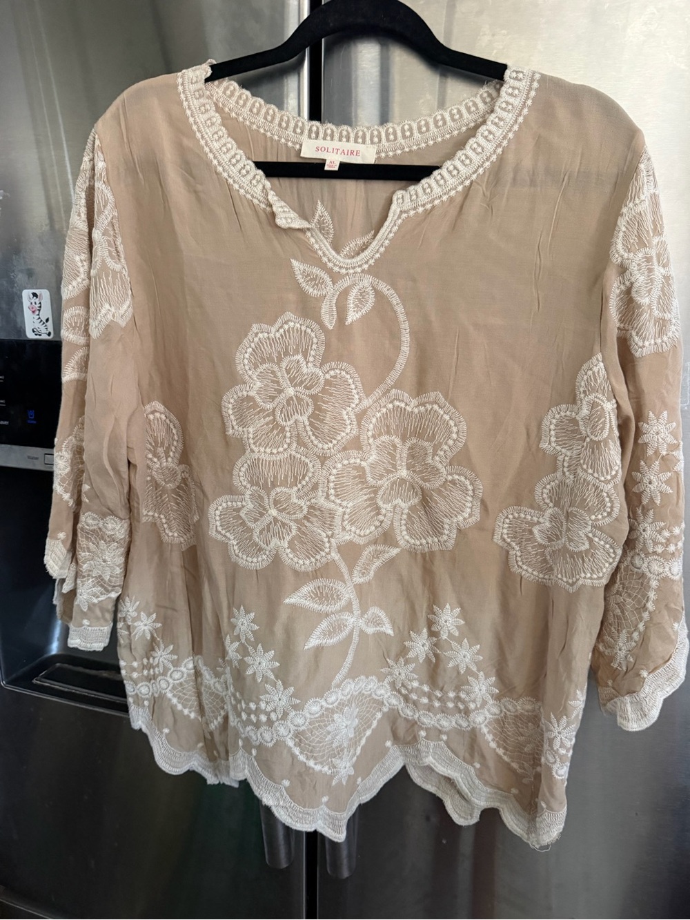 Solitaire Beige Tunic Blouse with White Floral Embroidery